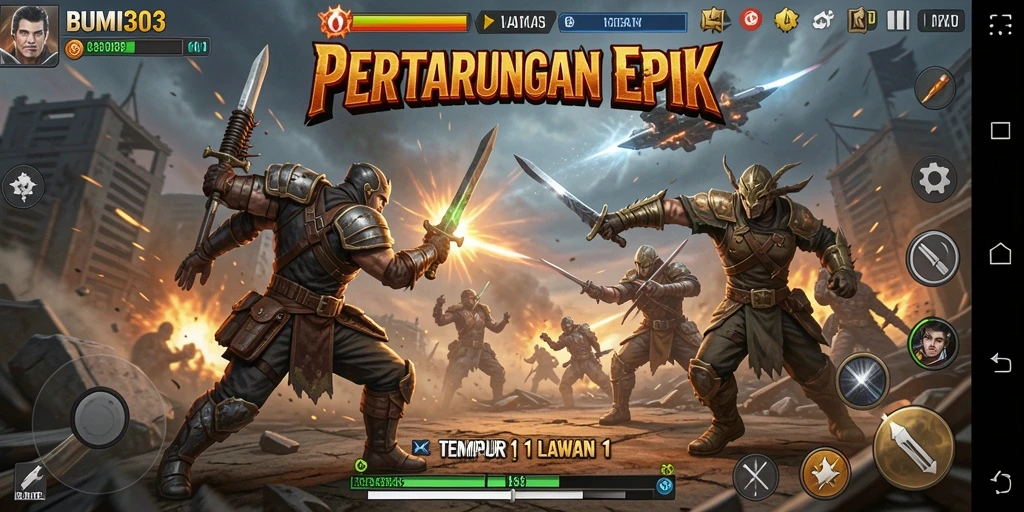 Tampilan antarmuka BUMI303 dengan karakter bertarung 1 lawan 1.